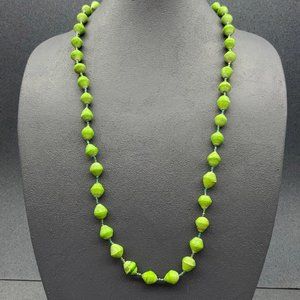Green Rolled Paper Necklace Blue Iridescent Seed Bead